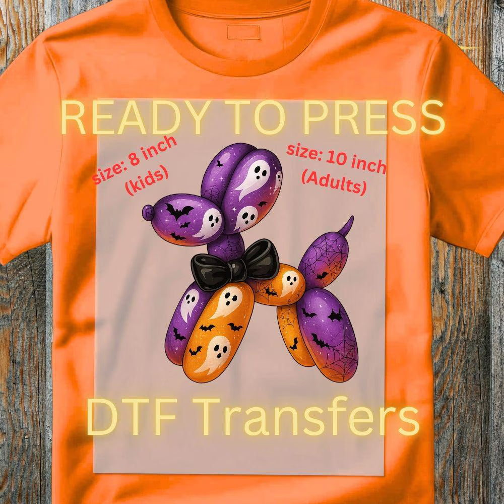 Halloween Balloon Dog DTF Transfer – Spooky Cute Ghost & Bat Balloon Design | Ready to Press Heat Transfer for Kids & Adults
