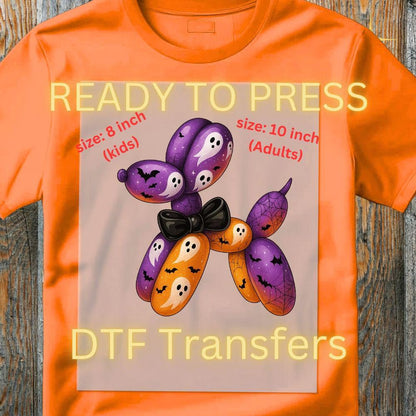 Halloween Balloon Dog DTF Transfer – Spooky Cute Ghost & Bat Balloon Design | Ready to Press Heat Transfer for Kids & Adults
