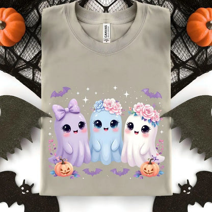 Iridescent Ghost Family DTF Transfer – Coquette Halloween Design | Floral Cute Ghost Print with Pumpkins | Ready to Press Heat Transfer