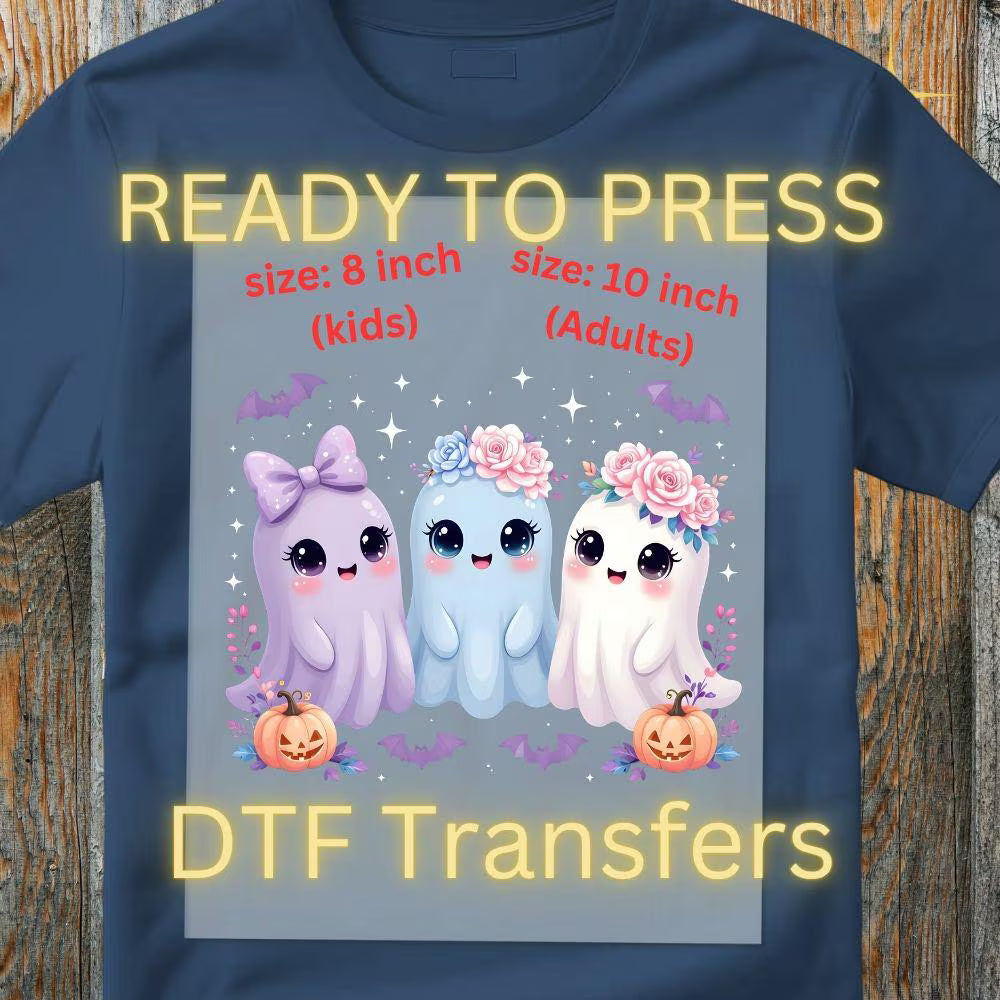 Iridescent Ghost Family DTF Transfer – Coquette Halloween Design | Floral Cute Ghost Print with Pumpkins | Ready to Press Heat Transfer