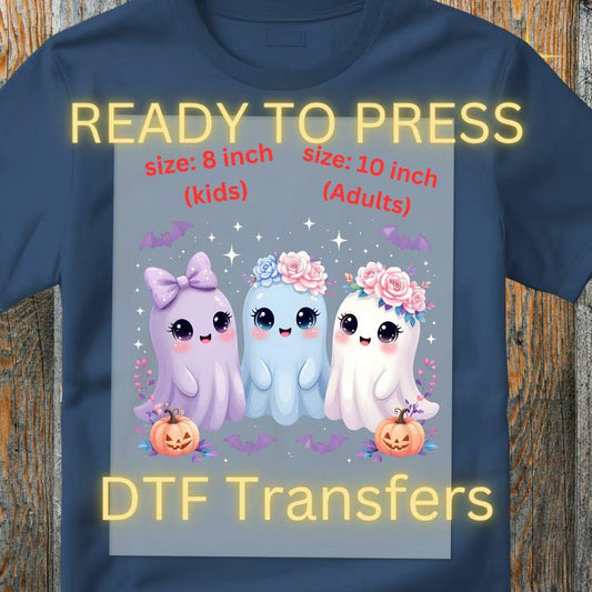 Iridescent Ghost Family DTF Transfer – Coquette Halloween Design | Floral Cute Ghost Print with Pumpkins | Ready to Press Heat Transfer