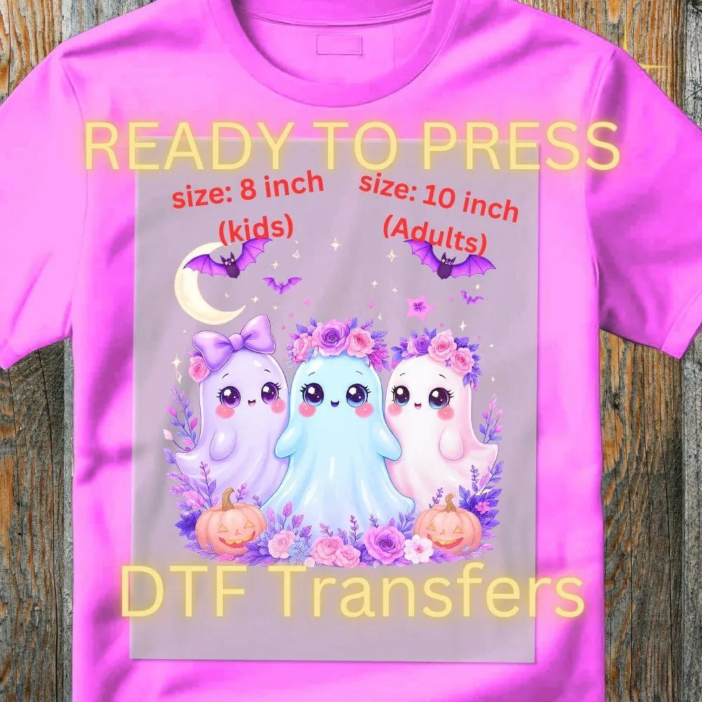 Iridescent Ghost Family DTF Transfer – Coquette Floral Halloween Print | Cute Neon Ghost & Pumpkin Iron-On (8in Kids, 10in Adults)