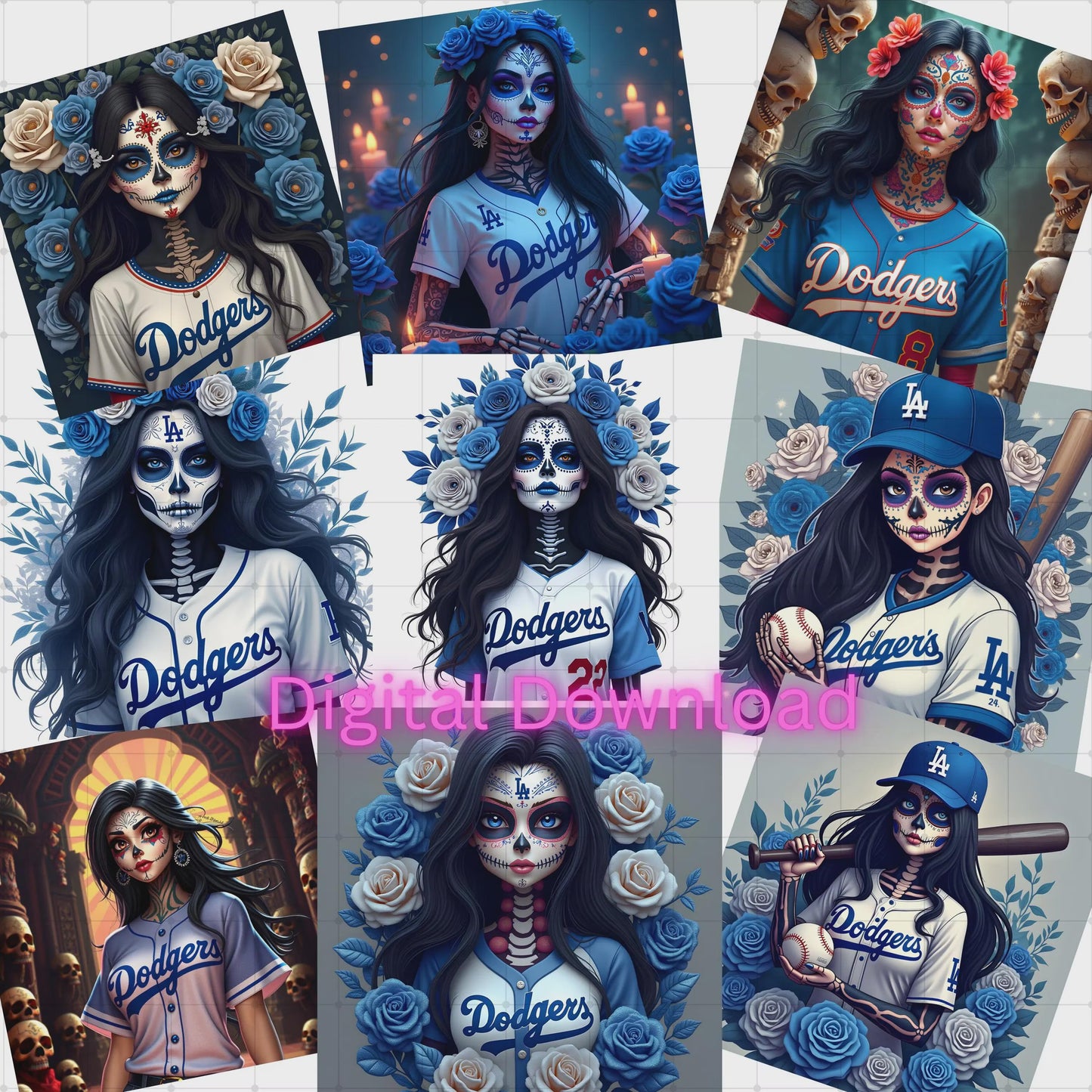 Day of the Dead Digital Bundle – 9 Sugar Skull & La Catrina JPG Designs (Instant Download)