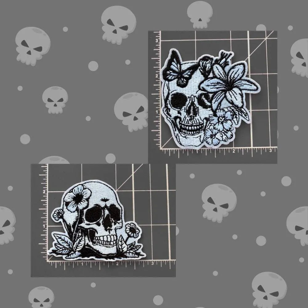 Floral Skull Embroidery Patches – Small Gothic Iron-On Appliques | Ready to Press Patches for Hats, Jeans, Jackets & Bags