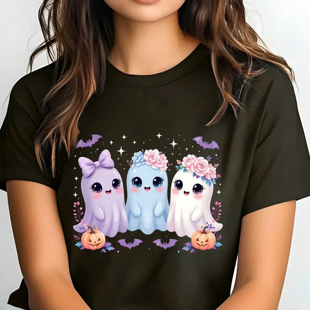Iridescent Ghost Family DTF Transfer – Coquette Halloween Design | Floral Cute Ghost Print with Pumpkins | Ready to Press Heat Transfer