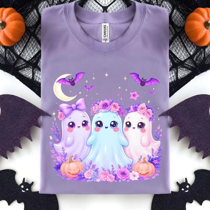 Iridescent Ghost Family DTF Transfer – Coquette Floral Halloween Print | Cute Neon Ghost & Pumpkin Iron-On (8in Kids, 10in Adults)