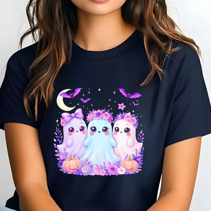 Iridescent Ghost Family DTF Transfer – Coquette Floral Halloween Print | Cute Neon Ghost & Pumpkin Iron-On (8in Kids, 10in Adults)