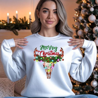 Merry Christmas Steer Skull DTF Transfer – Western Holiday Lights Graphic | 10" Adult Size | Ready to Press Heat Transfer
