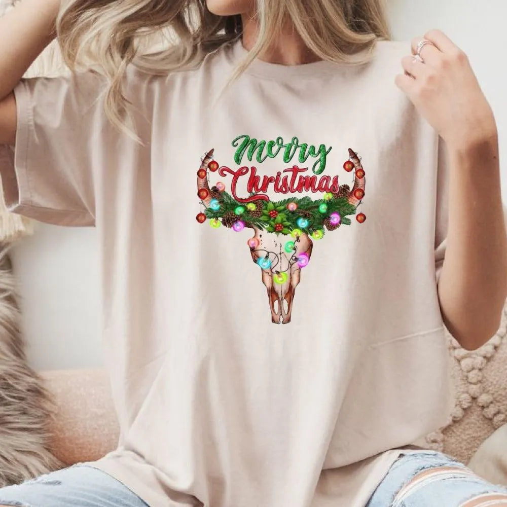 Merry Christmas Steer Skull DTF Transfer – Western Holiday Lights Graphic | 10" Adult Size | Ready to Press Heat Transfer