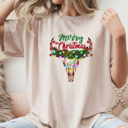 Merry Christmas Steer Skull DTF Transfer – Western Holiday Lights Graphic | 10" Adult Size | Ready to Press Heat Transfer