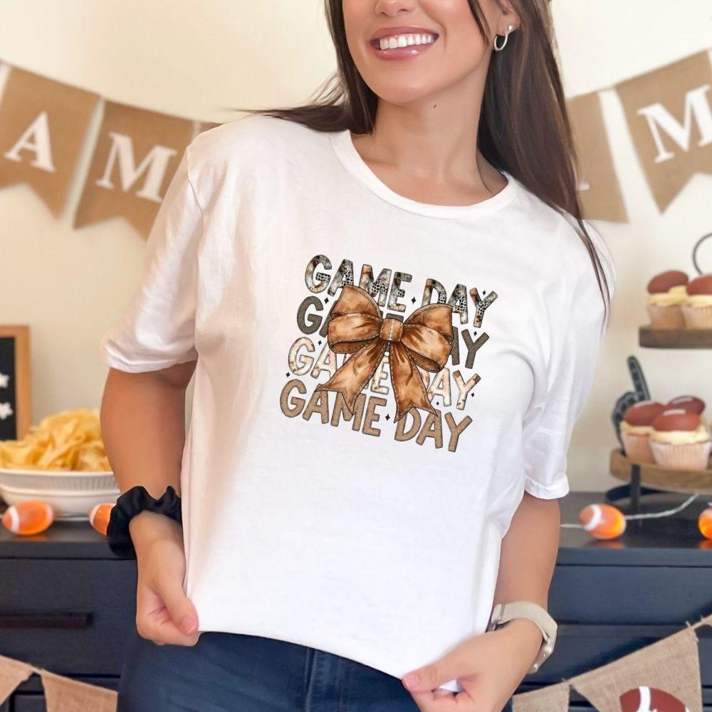 Game Day DTF Transfer – Brown Bow Leopard Print Football Graphic | 10" Adult Size | Ready to Press Heat Transfer for Sports Fans & Tailgate Shirts