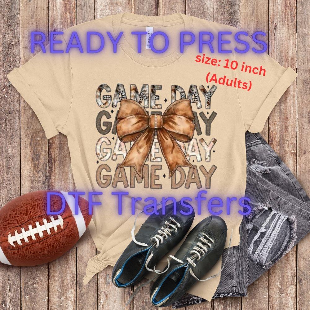 Game Day DTF Transfer – Brown Bow Leopard Print Football Graphic | 10" Adult Size | Ready to Press Heat Transfer for Sports Fans & Tailgate Shirts