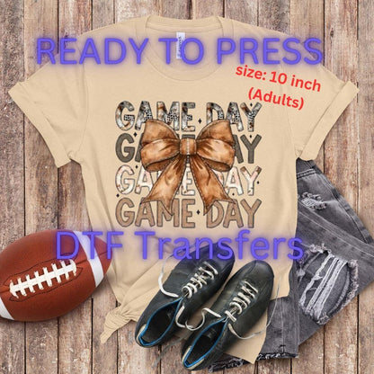 Game Day DTF Transfer – Brown Bow Leopard Print Football Graphic | 10" Adult Size | Ready to Press Heat Transfer for Sports Fans & Tailgate Shirts