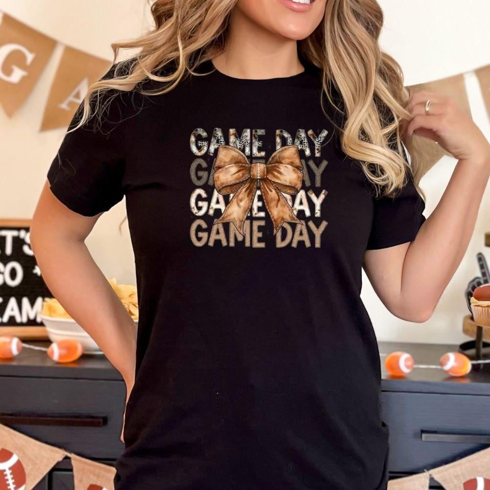 Game Day DTF Transfer – Brown Bow Leopard Print Football Graphic | 10" Adult Size | Ready to Press Heat Transfer for Sports Fans & Tailgate Shirts