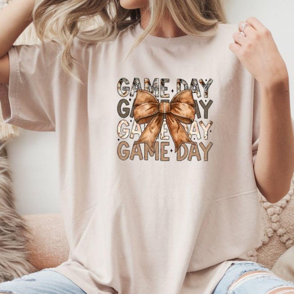 Game Day DTF Transfer – Brown Bow Leopard Print Football Graphic | 10" Adult Size | Ready to Press Heat Transfer for Sports Fans & Tailgate Shirts