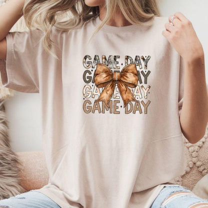 Game Day DTF Transfer – Brown Bow Leopard Print Football Graphic | 10" Adult Size | Ready to Press Heat Transfer for Sports Fans & Tailgate Shirts