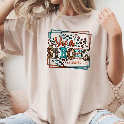 She Is Strong DTF Transfer – Proverbs 31:25 Bible Verse | Leopard Print Christian Graphic | 10" Adult Size | Ready to Press Heat Transfer