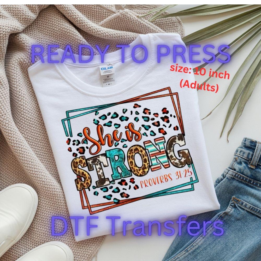 She Is Strong DTF Transfer – Proverbs 31:25 Bible Verse | Leopard Print Christian Graphic | 10" Adult Size | Ready to Press Heat Transfer
