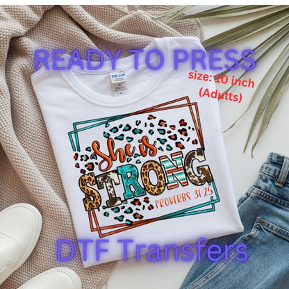 She Is Strong DTF Transfer – Proverbs 31:25 Bible Verse | Leopard Print Christian Graphic | 10" Adult Size | Ready to Press Heat Transfer