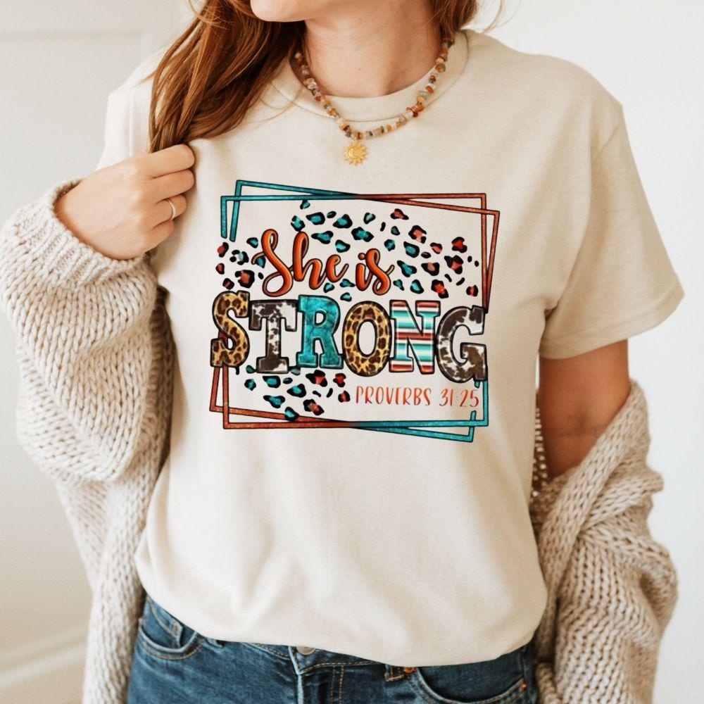 She Is Strong DTF Transfer – Proverbs 31:25 Bible Verse | Leopard Print Christian Graphic | 10" Adult Size | Ready to Press Heat Transfer