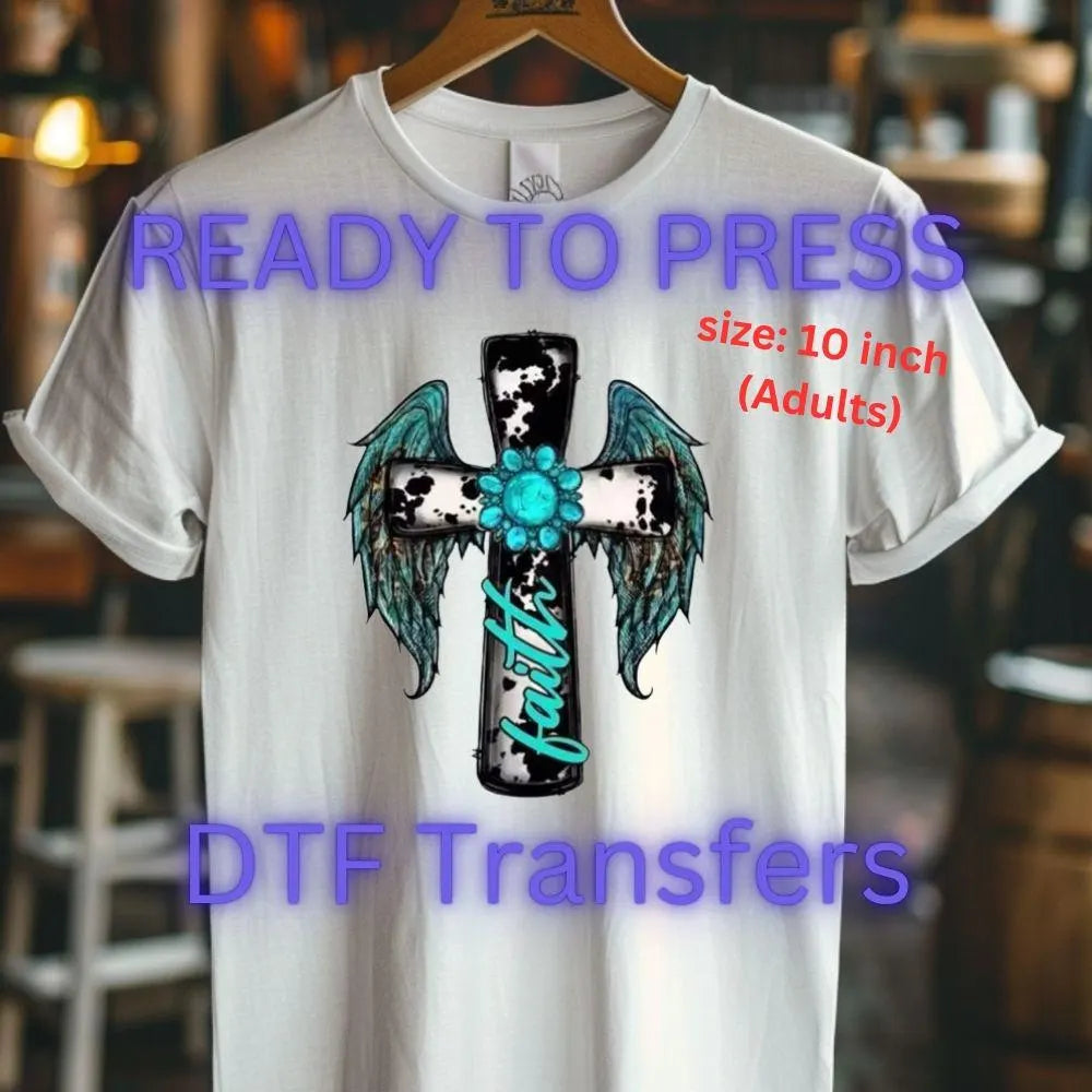Faith Cross DTF Transfer – Angel Wings & Turquoise Floral Western Design | 10" Adult Size Ready to Press Christian Heat Transfer