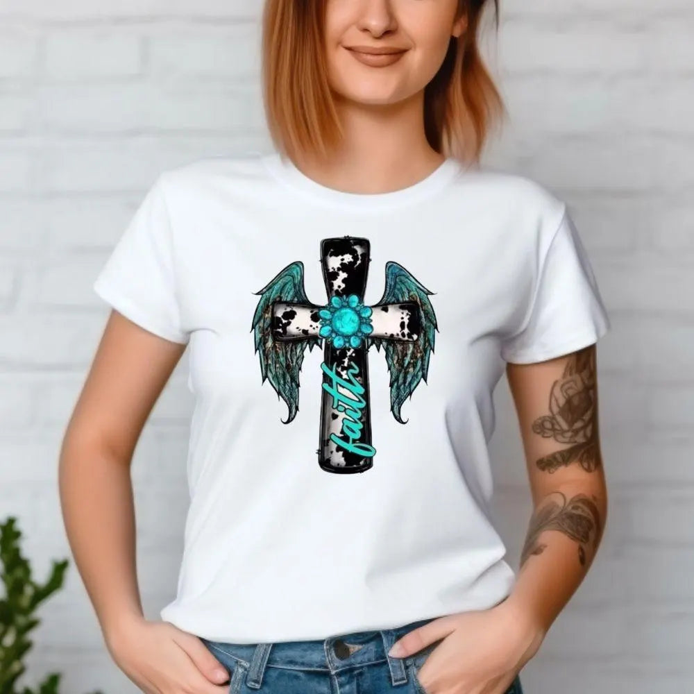 Faith Cross DTF Transfer – Angel Wings & Turquoise Floral Western Design | 10" Adult Size Ready to Press Christian Heat Transfer