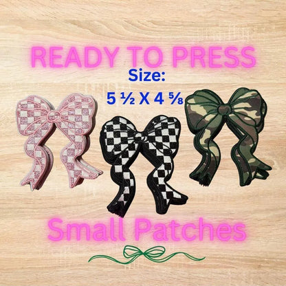 Bow Applique Chenille Patches – Pink Glitter, Black Checkered & Camo Iron-On Appliques (5.5 x 4.6 in) Ready to Press