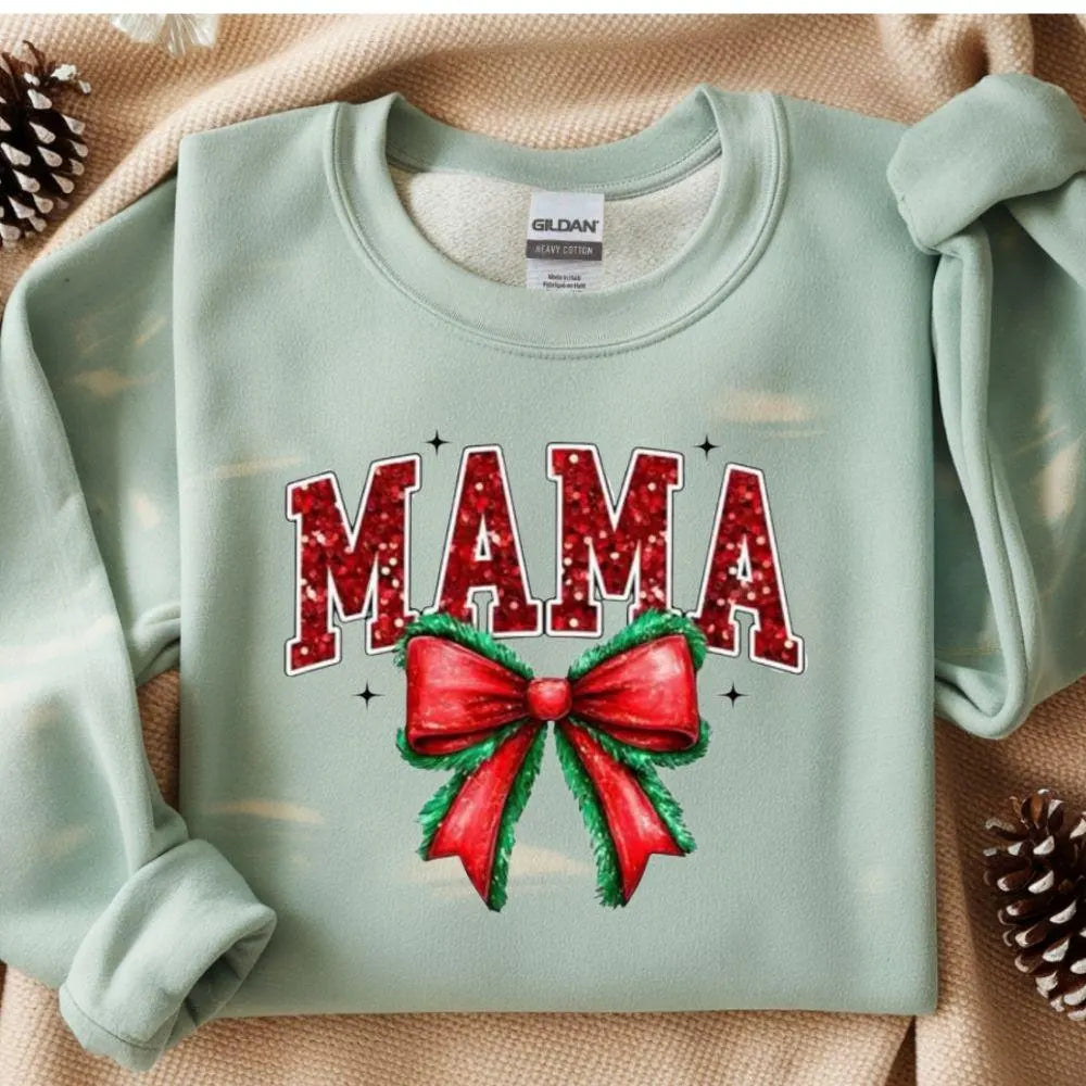 MAMA Christmas DTF Transfer – Red Glitter Lettering with Holiday Bow | 10" Adult Size | Ready to Press Heat Transfer for Shirts & Sweaters
