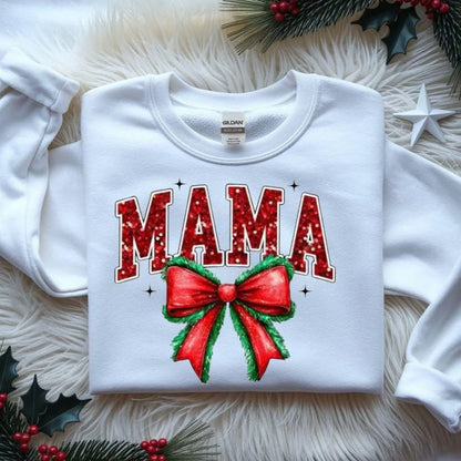 MAMA Christmas DTF Transfer – Red Glitter Lettering with Holiday Bow | 10" Adult Size | Ready to Press Heat Transfer for Shirts & Sweaters