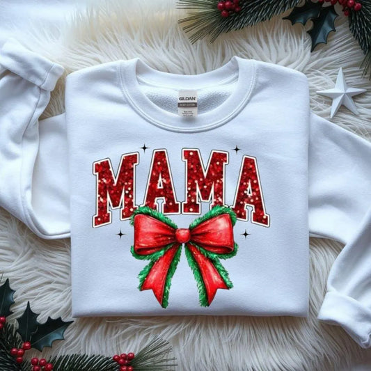 MAMA Christmas DTF Transfer – Red Glitter Lettering with Holiday Bow | 10" Adult Size | Ready to Press Heat Transfer for Shirts & Sweaters