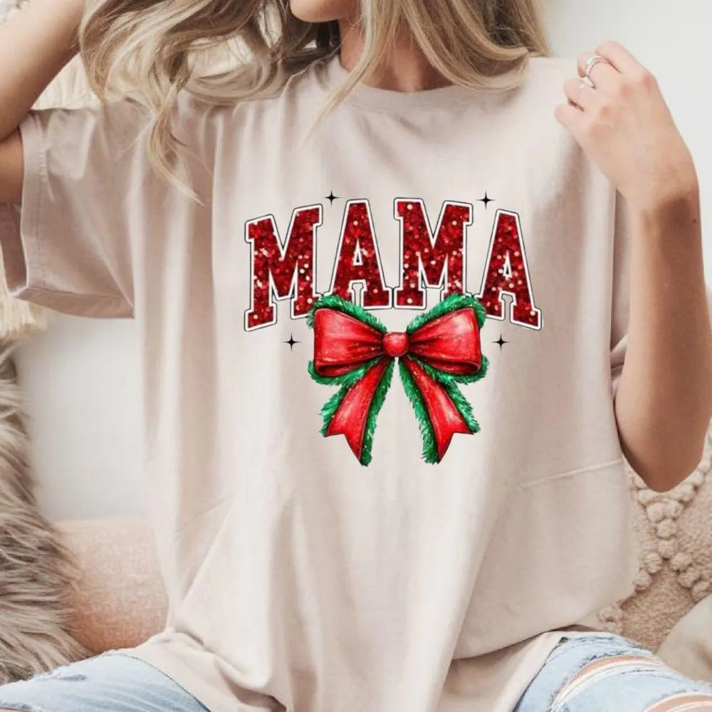 MAMA Christmas DTF Transfer – Red Glitter Lettering with Holiday Bow | 10" Adult Size | Ready to Press Heat Transfer for Shirts & Sweaters