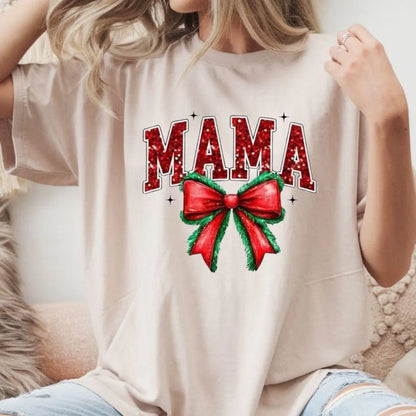 MAMA Christmas DTF Transfer – Red Glitter Lettering with Holiday Bow | 10" Adult Size | Ready to Press Heat Transfer for Shirts & Sweaters