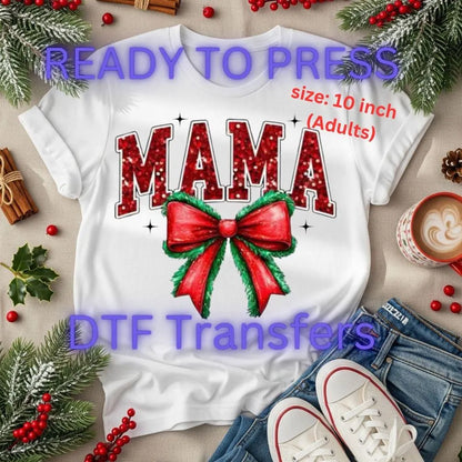 MAMA Christmas DTF Transfer – Red Glitter Lettering with Holiday Bow | 10" Adult Size | Ready to Press Heat Transfer for Shirts & Sweaters
