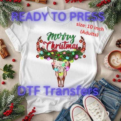 Merry Christmas Steer Skull DTF Transfer – Western Holiday Lights Graphic | 10" Adult Size | Ready to Press Heat Transfer