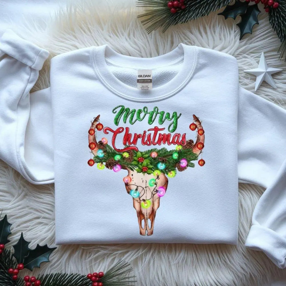 Merry Christmas Steer Skull DTF Transfer – Western Holiday Lights Graphic | 10" Adult Size | Ready to Press Heat Transfer