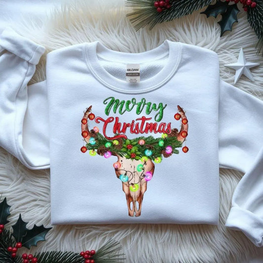 Merry Christmas Steer Skull DTF Transfer – Western Holiday Lights Graphic | 10" Adult Size | Ready to Press Heat Transfer