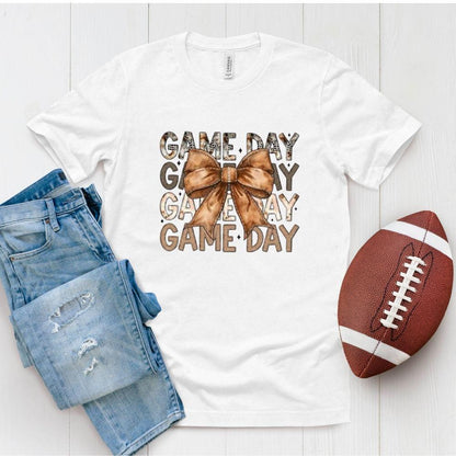 Game Day DTF Transfer – Brown Bow Leopard Print Football Graphic | 10" Adult Size | Ready to Press Heat Transfer for Sports Fans & Tailgate Shirts