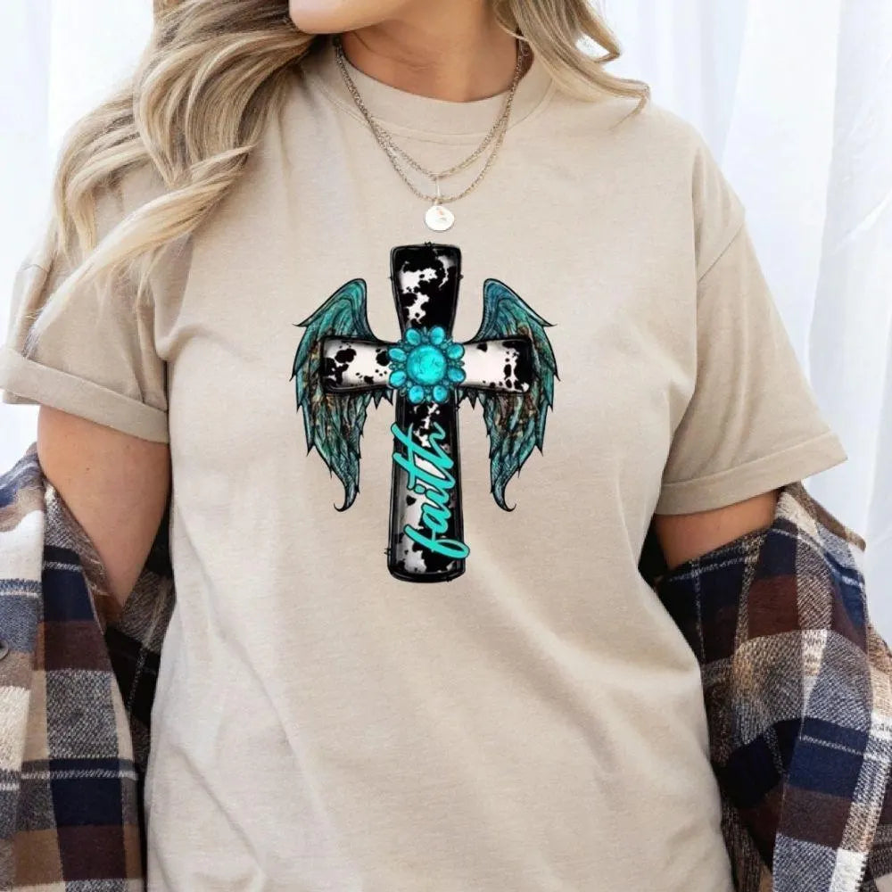 Faith Cross DTF Transfer – Angel Wings & Turquoise Floral Western Design | 10" Adult Size Ready to Press Christian Heat Transfer
