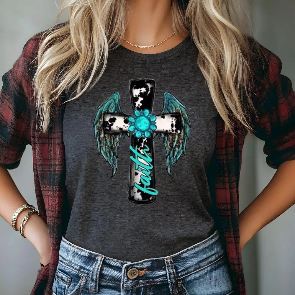 Faith Cross DTF Transfer – Angel Wings & Turquoise Floral Western Design | 10" Adult Size Ready to Press Christian Heat Transfer