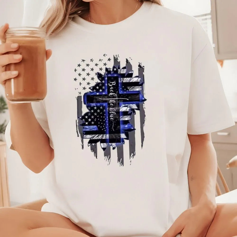Back the Blue DTF Transfer – Thin Blue Line Flag Cross Design | Police Support Graphic | 10" Adult Size | Ready to Press Patriotic Heat Transfer