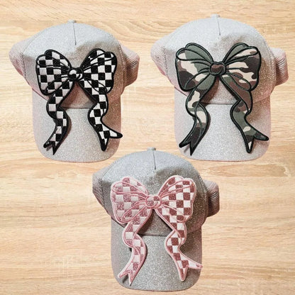 Bow Applique Chenille Patches – Pink Glitter, Black Checkered & Camo Iron-On Appliques (5.5 x 4.6 in) Ready to Press