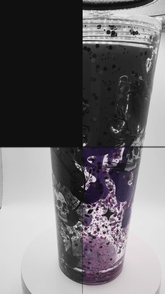 “F-CAW-R” Gothic Raven Glitter Tumbler – Purple & Black Skull Cup (24oz)